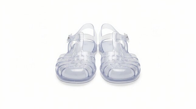 A pair of clear plastic sandals with adjustable straps on a white background