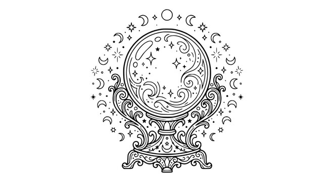 Magical Crystal Ball Fortune Telling Line Art Illustration