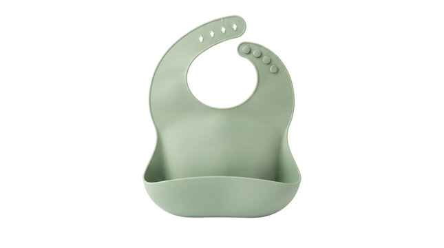 Sage green silicone baby bib with adjustable neck strap design