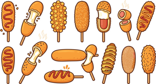 Korean Corn Dogs Vector Clipart Set Featuring Deep Fried Hot Dogs Mozzarella Cheese Stretches and Crispy Potato Crusts Isolated on White Background