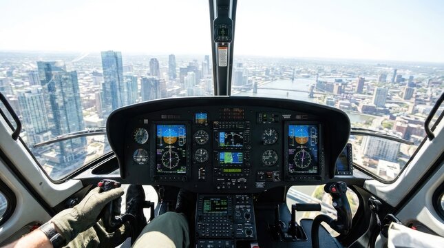 A pilot sits in the cockpit of a helicopter, controlling the aircraft. The pilot is looking out at a sprawling cityscape, including skyscrapers and a river.