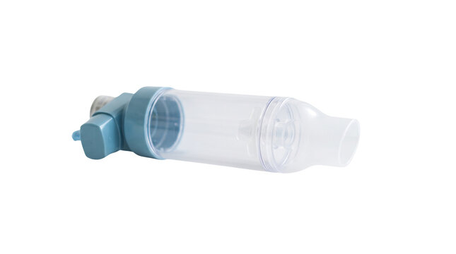 Blue asthma inhaler spacer device for medical treatment on white background