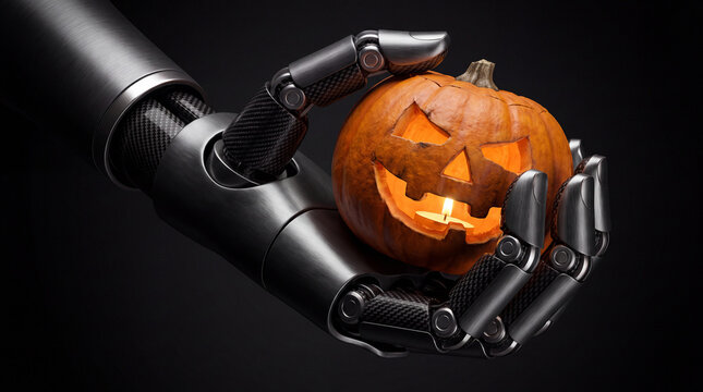 Robotic hand with metallic and carbon fiber details gently holding a traditional carved Halloween pumpkin glowing with a candle inside, symbolizing a blend of modern technology and festive tradition
