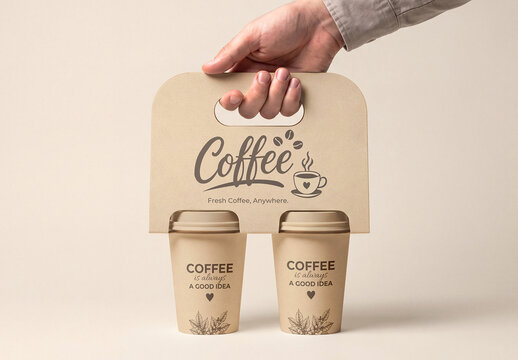 Hand Holding Two Coffee Cups in Kraft Paper Carrier Mockup