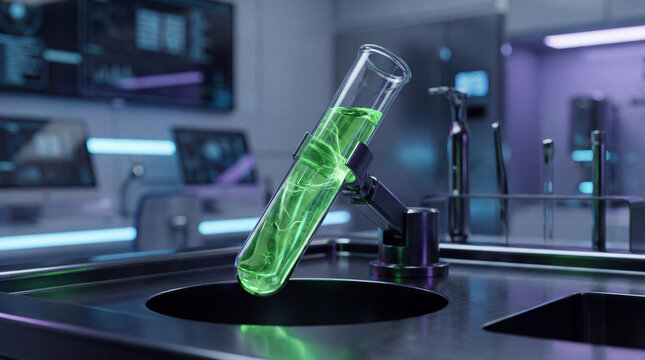 Robotic arm holding a test tube filled with glowing green liquid, creating energy waves inside, positioned in a high tech science laboratory setting with modern equipment and monitors
