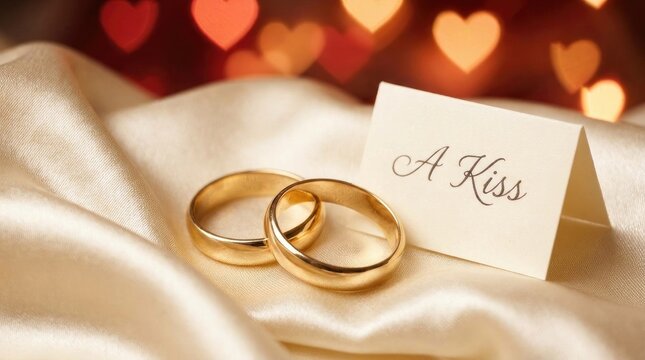 Two gold wedding rings rest on a luxurious satin cloth. A small card with the words "A Kiss" is placed beside the rings.