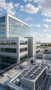 Industrial rooftop hvac units and ventilation systems on a modern office building exterior with clear blue sky rooftop equipment cooling system air conditioning building maintenance