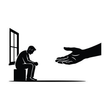 Silhouette of a depressed man receiving a helping hand of support with guidance