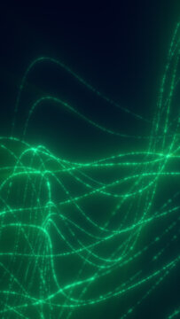 Green dotted light waves flowing across a dark background, forming abstract data lines and futuristic network motion.