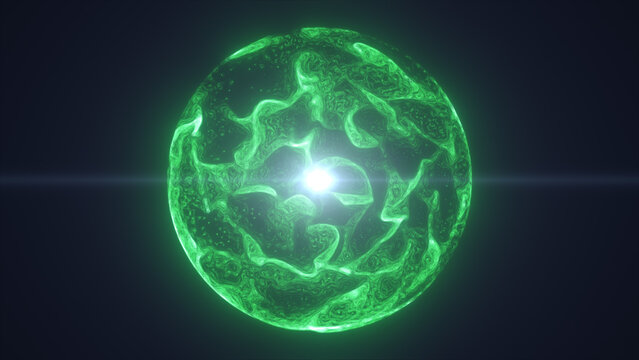 Bright green abstract sphere with fluid plasma texture and glowing inner core on a dark background, representing futuristic energy and digital science.