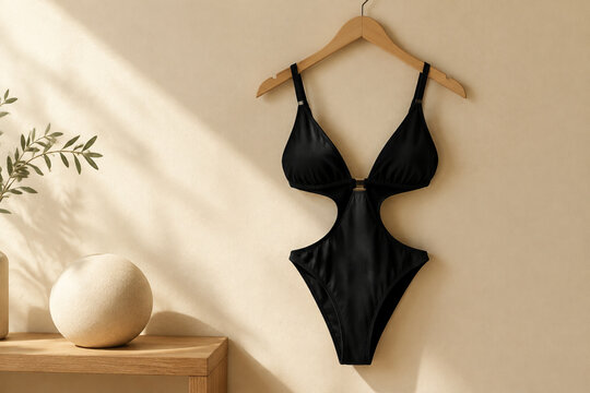 Black cutout monokini on wooden hanger with ceramic sphere, minimalist swimwear fashion concept