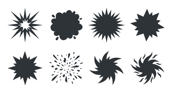 Collection of black comic style starburst and explosion graphic shapes