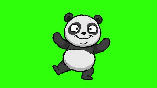 A happy panda character dancing in classic rubber hose animation style on a chroma key green background. Great for cartoon animations, retro video games, funny animal overlays, kids shows, and keyable