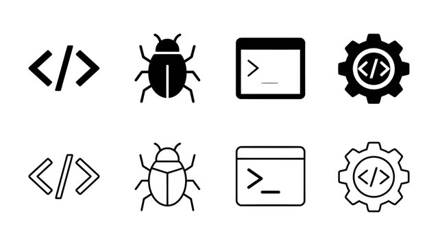 Coding Symbols and Debugging Icons: A set of graphic icons representing programming languages, code bugs, command line interface, and software development tools.
