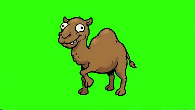 A funny 2D cartoon camel character dancing cheerfully on a chroma key green background. Perfect for desert themes, cartoon animations, funny animal clips, mobile game avatars, and keyable video compos
