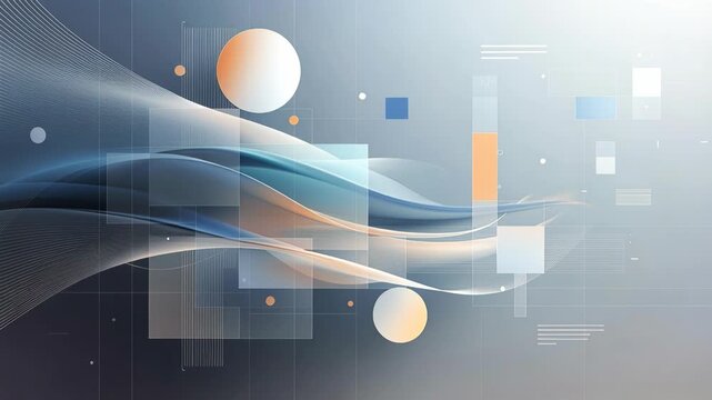 Abstract geometric waves, circles, and translucent rectangles create a futuristic composition on a soft blue gradient background