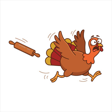 Cartoon turkey running away from a wooden rolling pin with thanksgiving dinner
