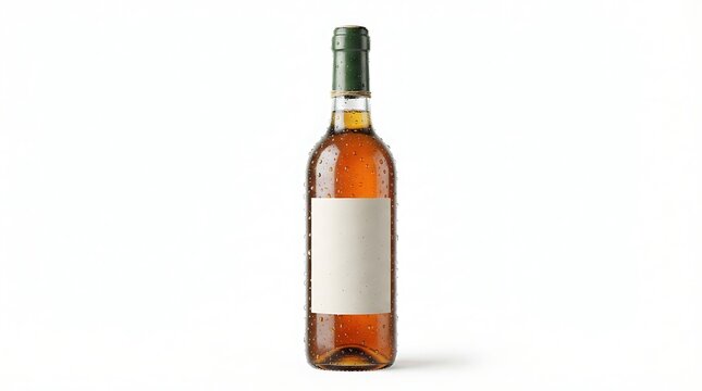A bottle of wine with a blank label stands alone on a white background