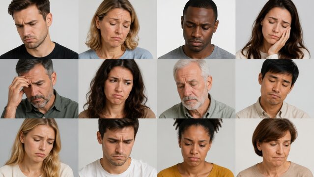 Group of diverse individuals displaying expressions of sadness and concern in a grid layout, featuring various ages and ethnicities against a neutral background