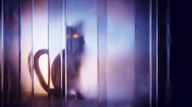Halloween black cat behind translucent glass in atmospheric loop