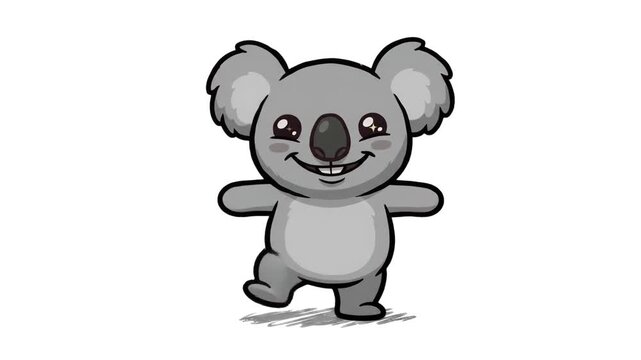A cute grey koala character dancing happily in classic rubber hose animation style on an isolated white background. Great for children apps, animal mascot animations, cute stickers, funny reaction cli