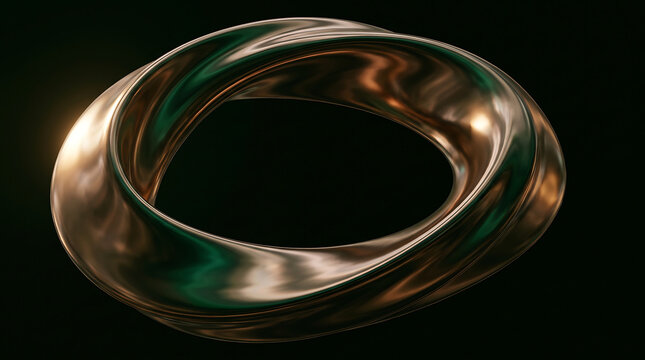 Metallic bronze mobius ring with distorted liquid reflections on dark background for abstract jewelry design.