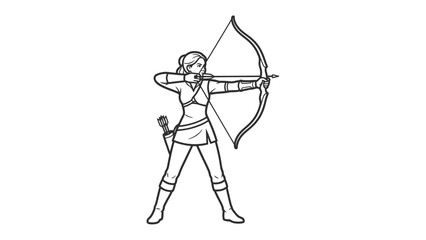 Obraz premium Archer Line Art: A focused female archer, depicted in simple line art, draws her bow and aims with precision, embodying skill and determination.