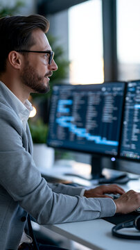 Side profile with face out of focus of a confident  staffing coordinator sitting in a bright hospital administration office watching dual monitors as a digital duty roster