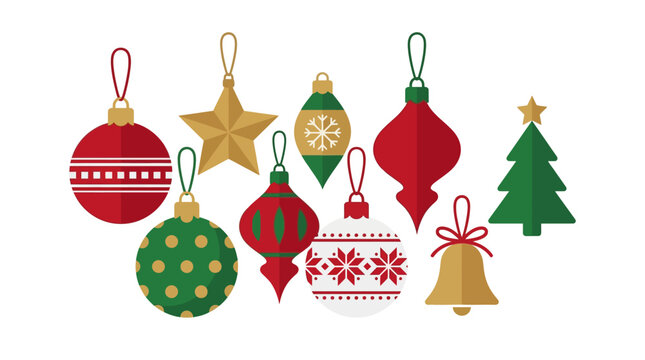 Set of Flat Decorative Christmas Tree Ornaments and Holiday Hanging Decorations