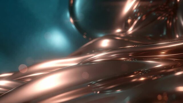 Abstract flowing metallic waves with rose gold highlights on a dark teal background, suggesting luxury, motion, and design