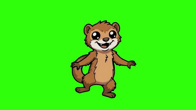 A cheerful 2D animated otter character dancing joyfully with outstretched arms on a chroma key green background. Ideal for wildlife animations, children's content, funny animal videos, and cartoon mas