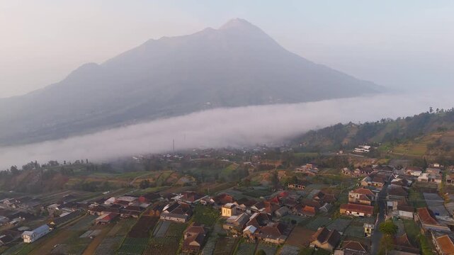 Aerial view of Mount Merapi above a village in Indonesia.