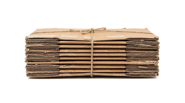 A stack of old cardboard boxes tied with twine on a white background