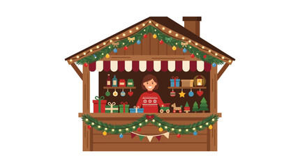 Obraz premium Festive Christmas Market Stall Featuring A Happy Vendor Selling Holiday Gifts