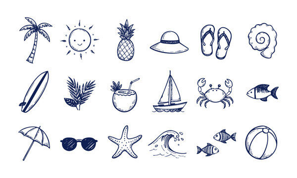Summer Beach Activity And Tropical Vacation Doodles