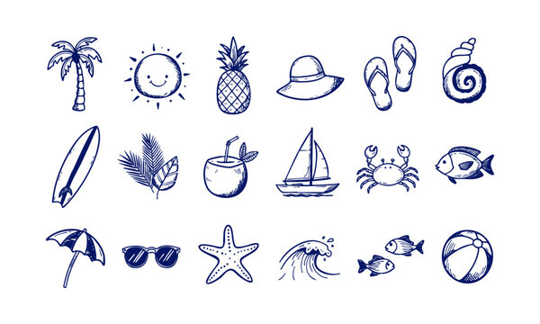 Tropical Beach Vacation Doodle Illustration Collection