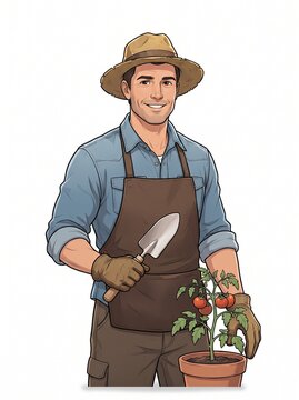 Professional Farmer Character Holding a Plant Pot Illustration on a White Background