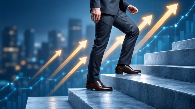 Corporate professional climbing concrete stairs overlaid with upward financial arrows and market growth charts