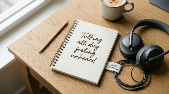 Notebook with handwritten text talking all day feeling unheard resting on a wooden desk next to coffee and dark headphones