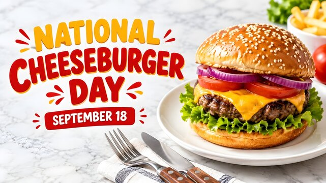 National cheeseburger day september 18 with a delicious grilled burger on a white plate