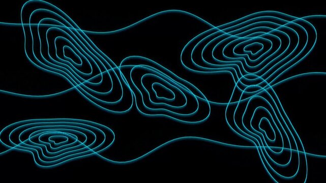 Neon blue contour lines glowing in a continuous topological map pattern on a black background
