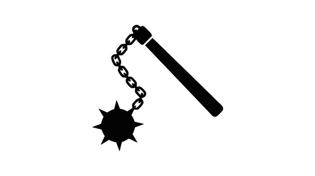 Vector illustration of black silhouette icon of a medieval spiked flail weapon on a transparent background