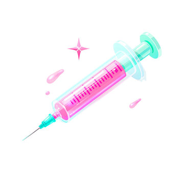 Aesthetic medical syringe vector illustration, modern glassmorphic injection with pink liquid and precise measurement marks isolated on white background