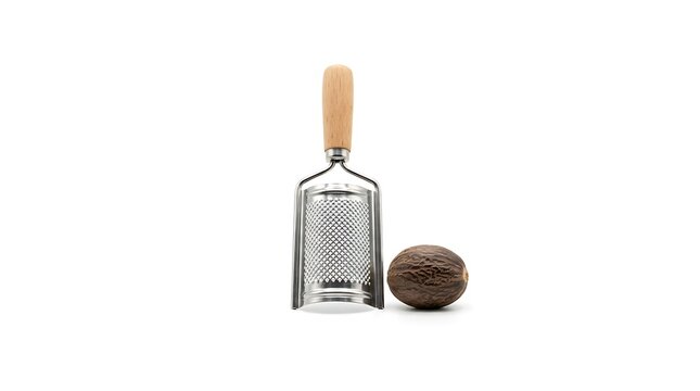 A nutmeg grater with a wooden handle and a whole nutmeg on a white background