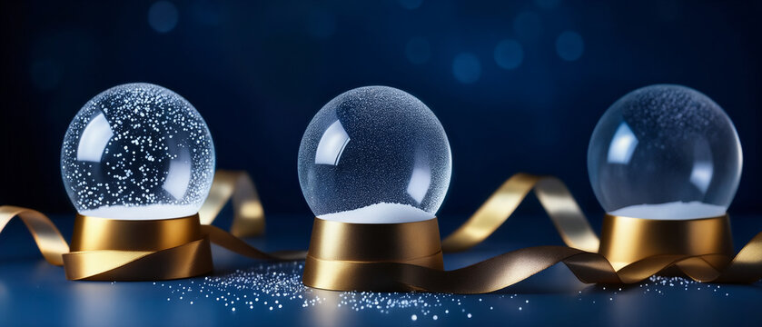 Three empty glass snow globes with gold bases and ribbons on a dark blue festive background