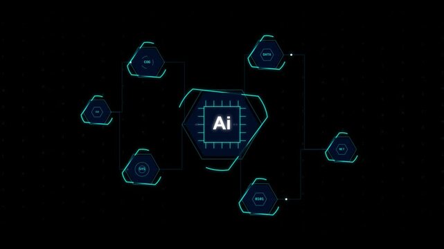 Futuristic AI central processor chip with interconnected data nodes in digital cyberspace background