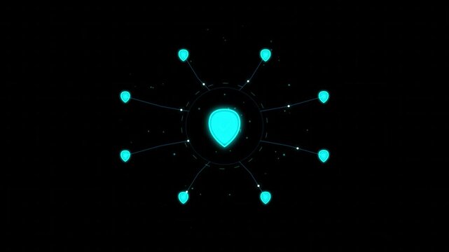 Futuristic cyan holographic hub network graphic animation on black background
