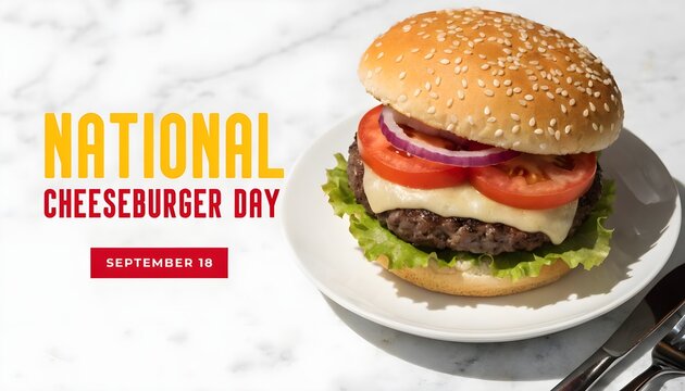 National cheeseburger day september 18 with a delicious grilled burger on a white plate