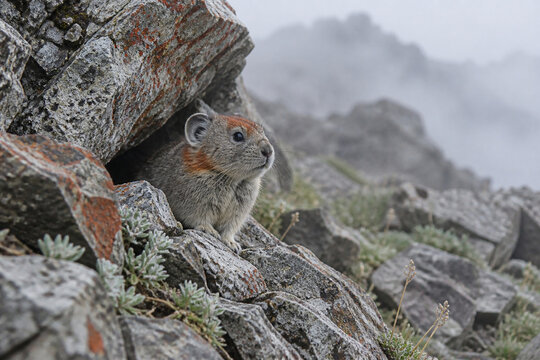 Ili pika peeking from rocky crevice in Tian Shan Mountains