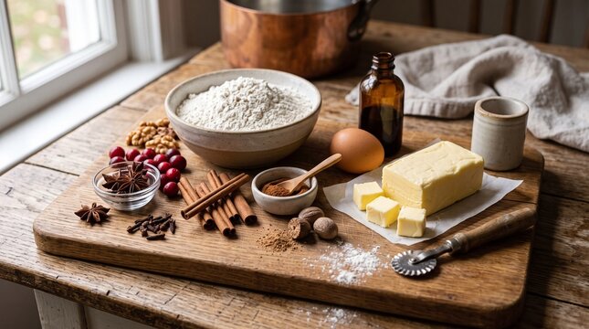 Baking ingredients arranged on a wooden board for holiday cookies or cakes with flour butter egg spices and cranberries vector illustration